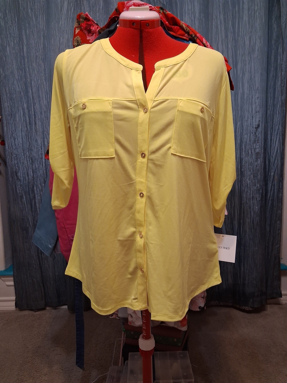 Ellen Tracy Yellow Button-Front Blouse with Chest Pockets
